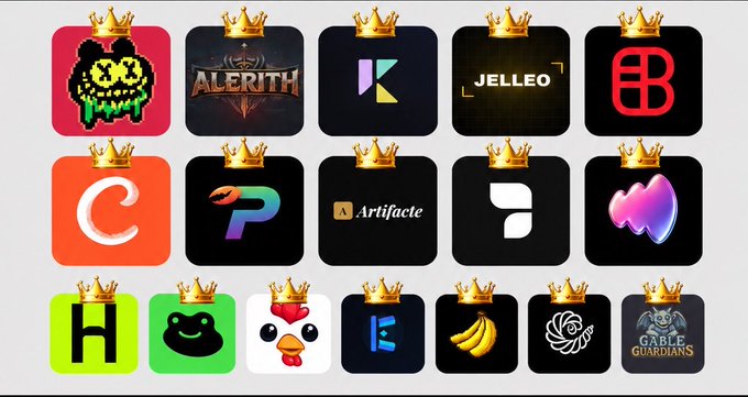 A collection of 17 mobile app icons, each topped with a golden crown, displayed against a gray background. The icons feature various crypto and gaming app logos including "ALERITH," "K," "JELLEO," "Artifact," "H," "GABLE GUARDIANS," and a banana emoji, illustrating the post's theme of top-tier projects on Solana.