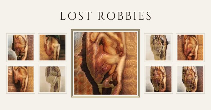 An art collage titled 'LOST ROBBIES' featuring a central classical-style nude painting surrounded by six distorted or altered versions of similar nude figures.