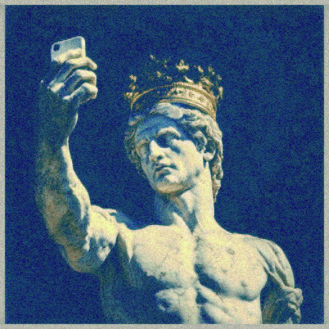A golden statue of a crowned figure holds up a smartphone as if taking a selfie or a photo, set against a deep blue background. The image cleverly ties into the post's "Everybody's Watching Nobody" theme, suggesting themes of digital fame, surveillance, and the theatricality of collecting digital art, with the raised phone symbolizing modern observation and capture.
