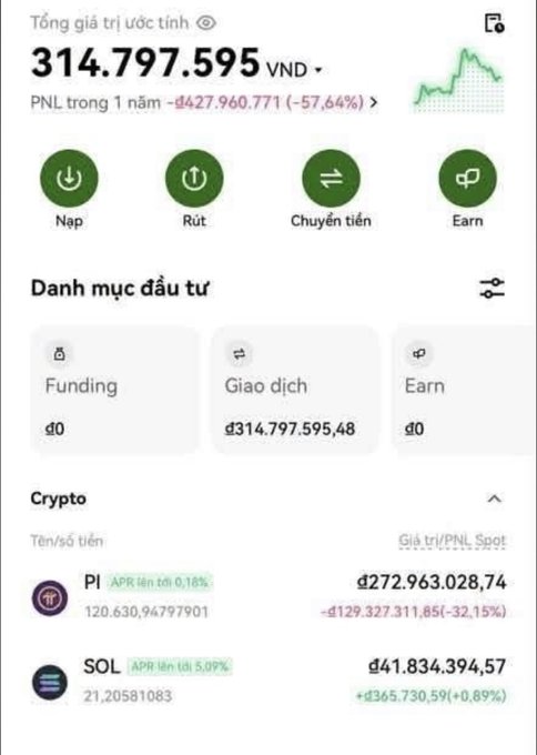 A cryptocurrency portfolio app screenshot in Vietnamese showing a total estimated value of '314.797.595 VND' with a PNL of '-427.960.771 (-57,64%)' over 1 year. Investments include PI and SOL.