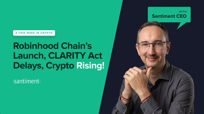 Promotional thumbnail for a "This Week in Crypto" livestream featuring Santiment CEO, highlighting topics "Robinhood Chain's Launch, CLARITY Act Delays, Crypto Rising!" The image ties directly to the post by promoting the upcoming discussion of Bitcoin whale accumulation pushing $BTC back above $65K despite recent FUD surrounding the Coldcard hacks and CLARITY Act delays.