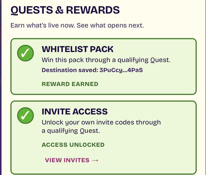 A 'QUESTS & REWARDS' interface shows two completed quests with green checkmarks: 'WHITELIST PACK' marked 'REWARD EARNED' and 'INVITE ACCESS' marked 'ACCESS UNLOCKED'.