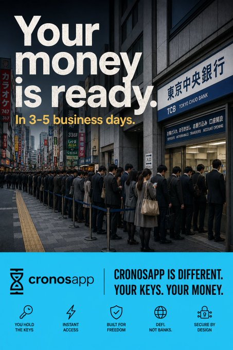 The image shows a group of people standing in line outside a bank building with a sign that says "Your money is ready." The scene takes place in an urban setting, possibly in Asia or Europe, as indicated by the presence of Asian buildings. The image also includes text about CronosApp and how it allows users to access their funds quickly without having to wait in long queues at traditional banks.