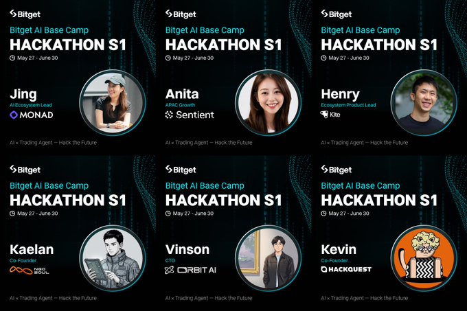 The image displays six promotional cards for the Bitget AI Base Camp Hackathon S1 (May 27 - June 30), each featuring a judge profile photo and name with their title and affiliated project, including Jing from Monad, Anita from Sentient, Henry from Kite, Kaelan from NeoSoul, Vinson from Orbit AI, and Kevin from HackQuest.