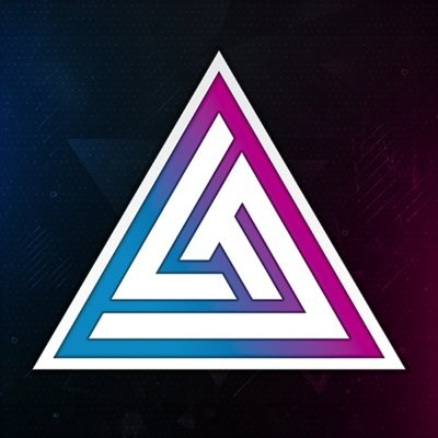 A stylized triangular logo with a pink-to-blue gradient outline and geometric inner shapes, set against a dark background with subtle digital elements.
