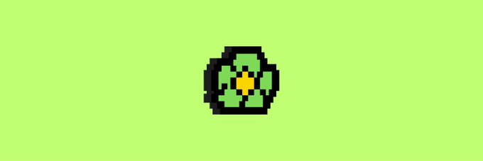 A simple pixel art icon of a green flower with a yellow center on a light green background.