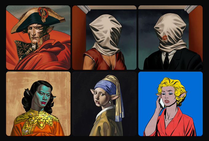A six-panel grid showing digital art portraits: Napoleon in a red coat, two figures with white cloth bags over their heads, a green-skinned figure with gold detailing, a girl with a blue turban (Girl with a Pearl Earring), and a blonde woman on a phone in a pop-art style.