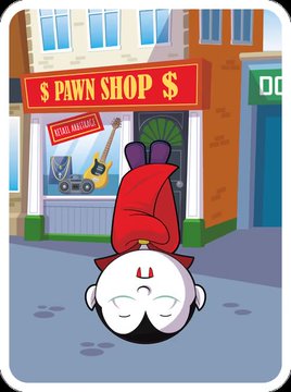 A cartoon character holds up a pawn shop receipt in front of a storefront labeled "PAWN SHOP," with items including a guitar and a stereo displayed in the window. The illustration accompanies a post about a VeeFriends V2 Vampire trade with Gary Vaynerchuk.