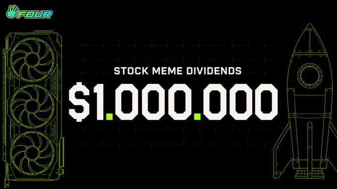 Black digital graphic displaying 'UFOUR' logo, 'STOCK MEME DIVIDENDS', and '$1,000,000' in white text alongside green line-art illustrations of a graphics card and rocket.