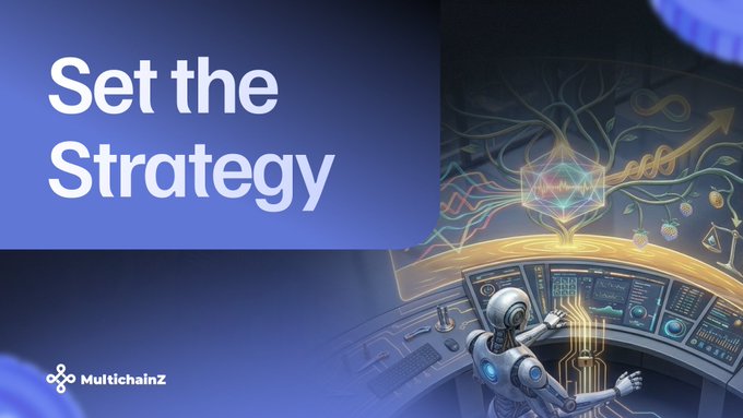 A promotional graphic with the text "Set the Strategy" alongside the "MultichainZ" logo, featuring an illustration of a robot at a control panel with floating data screens.
