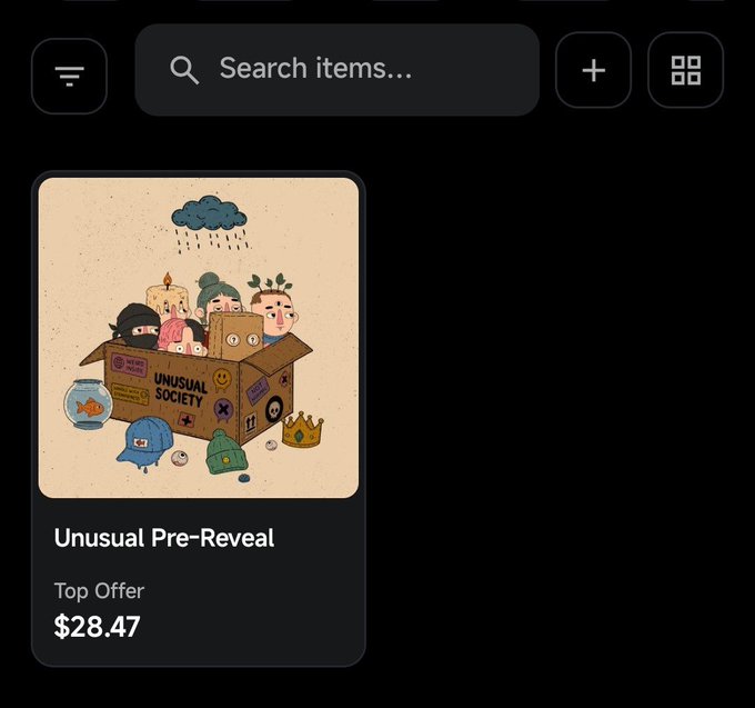 A mobile app interface showing a dark-themed marketplace with a single listing titled 'Unusual Pre-Reveal' with a 'Top Offer' price of $28.47 and an illustration of quirky characters in a cardboard box.