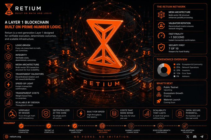An infographic for 'RETIUM' - A Layer 1 blockchain built on prime-number logic, detailing features like mesh architecture, 7-of-7 validator rotation, 1-second finality, and a roadmap including testnet, mainnet launch, and mass adoption phases.