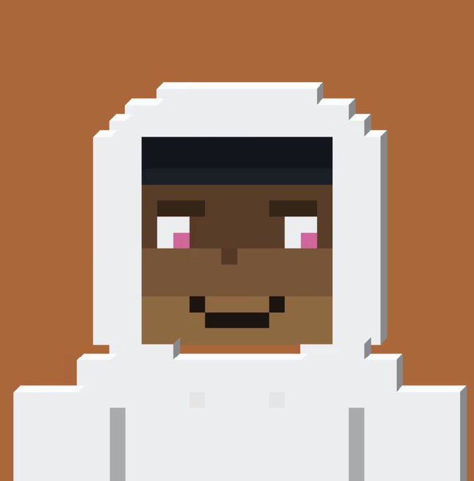 A pixel art portrait of a character with white hair/hood, dark skin, pink eyeshadow, and a slight smile, set against a brown background.