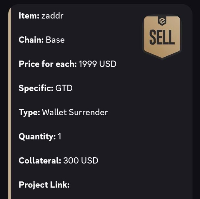 A digital listing card shows an item 'zaddr' on the Base chain being sold for 1999 USD as a 'Wallet Surrender' with 300 USD collateral, marked GTD.