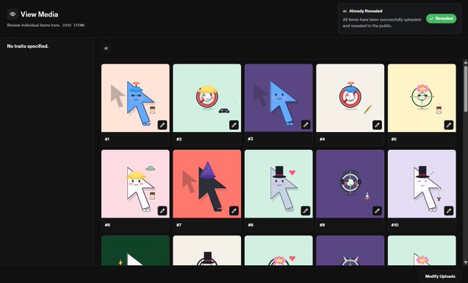 A "View Media" interface displaying a grid of NFT-style digital artwork featuring arrows and characters with crowns and hats, marked with "Already Revealed" and "Revealed" tags.