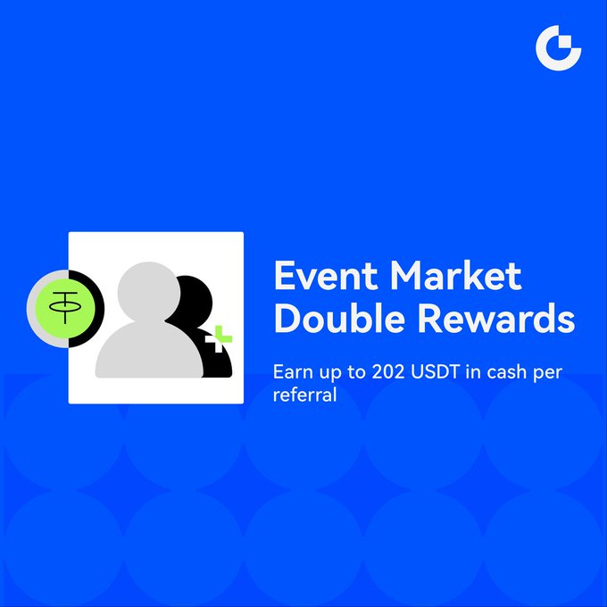 A blue promotional graphic featuring a white silhouette icon with two user figures, a green coin with a symbol, and a green plus sign, accompanied by text reading "Event Market Double Rewards" and "Earn up to 202 USDT in cash per referral," which visually represents the referral program mentioned in the post inviting users to earn cash rewards by bringing friends to trade on the Event Market.