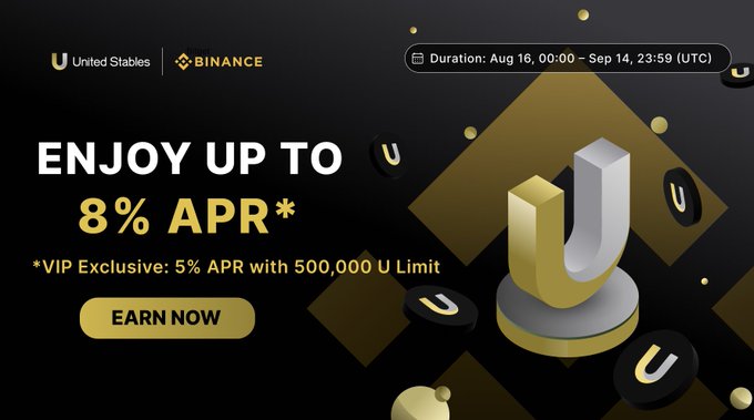 A promotional banner for United Stables on Binance advertises an APR of up to 8% (with VIP Exclusive: 5% APR with 500,000 U Limit), running from August 16 to September 14, alongside a 3D golden 'U' logo.