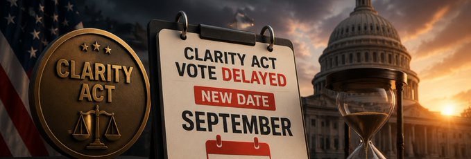 A news-style graphic announces 'CLARITY ACT VOTE DELAYED - NEW DATE SEPTEMBER' on a calendar, flanked by a 'CLARITY ACT' seal and an hourglass, with the U.S. Capitol and an American flag in the background.