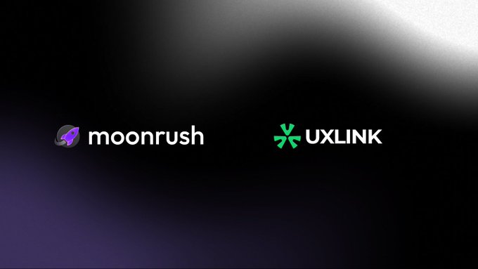A dark promotional banner displays the logos for 'moonrush' (with a rocket icon) and 'UXLINK' (with a green star icon) side by side.