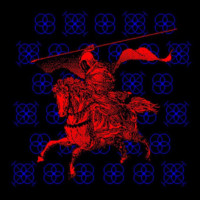 A stylized red illustration of a knight on horseback wielding a lance, set against a black background with a repeating pattern of blue floral-like emblems.