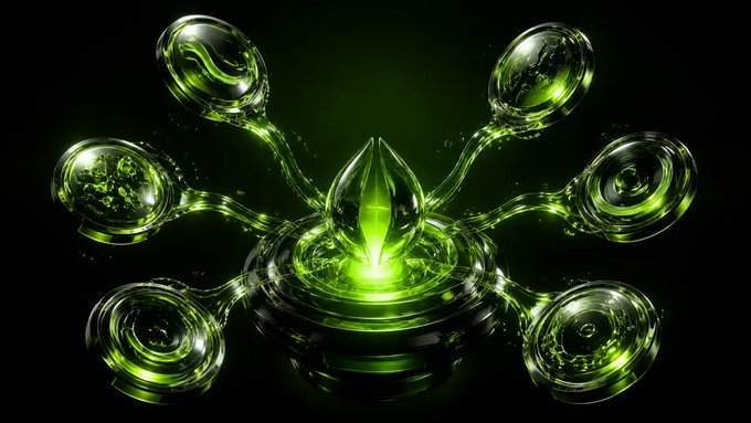 A glowing green crystal sits atop a circular pedestal, with energy tendrils extending outward to connect with floating glass orbs against a dark background.