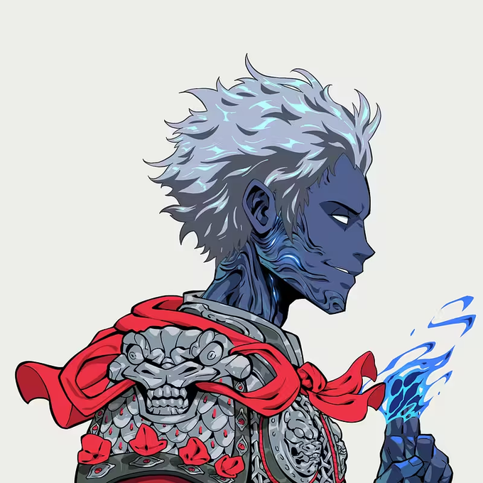The image features a man dressed as a character from a video game, wearing armor and holding a sword. The background of the image is white, which contrasts with the blue hair of the character. There are no texts or other objects present in the image.