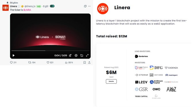 A screenshot of a Twitter post by Linera (@linera_io) about "The Ticker is $LNRA", alongside a webpage showing Linera is a Layer 1 blockchain project that raised $12M, with lead investor Borderless.