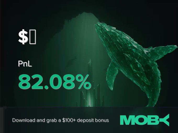 A Moby promotional graphic displays a glowing green whale in dark ocean depths alongside trading metrics reading "PnL 82.08%" and the headline "Download and grab a $100+ deposit bonus," visually celebrating a successful trade win while marketing the platform.