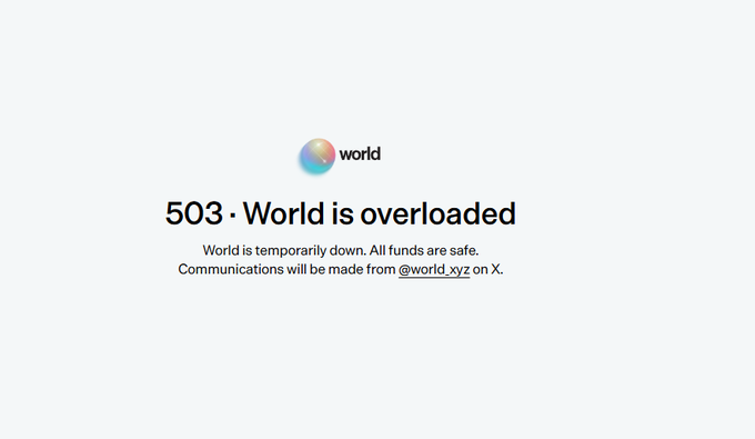 An error message page from 'world' displaying '503 · World is overloaded' stating the service is temporarily down but all funds are safe, with communications directed to @world_xyz on X.