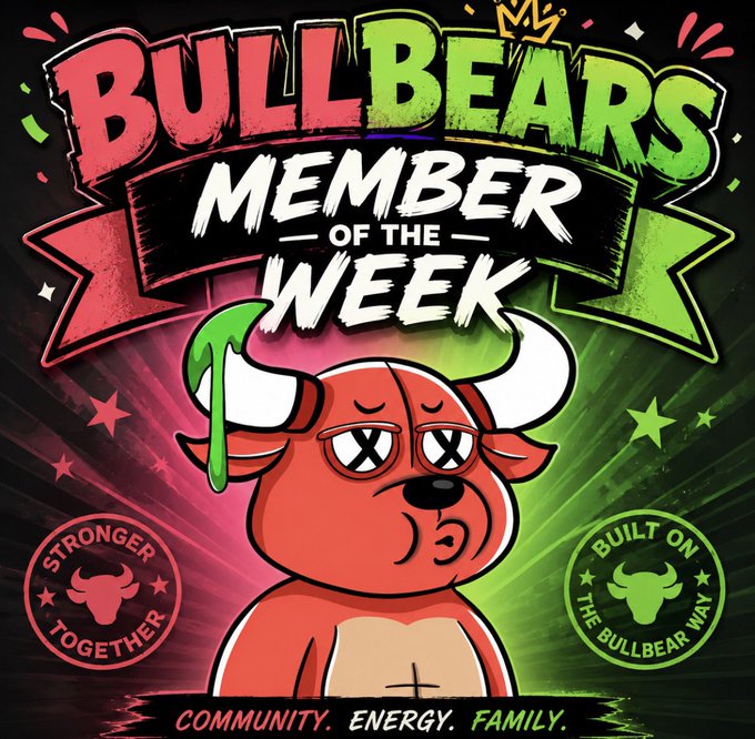 A vibrant promotional graphic for 'BullBears Member of the Week' featuring a cartoon bull character with X eyes, alongside badges reading 'Stronger Together' and 'Built on The Bullbear Way'.