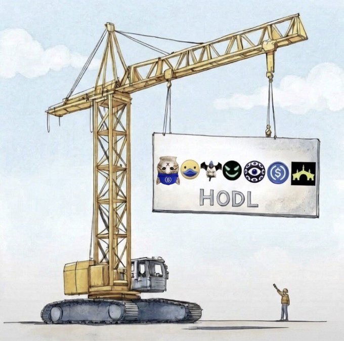 A cartoon illustration shows a small person directing a large crane lifting a banner labeled 'HODL' displaying various crypto and meme coin logos.