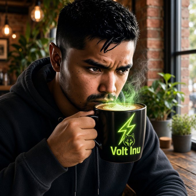 A man in a black hoodie drinks from a black mug labeled 'Volt Inu' featuring a green lightning bolt design, sitting in a rustic room.