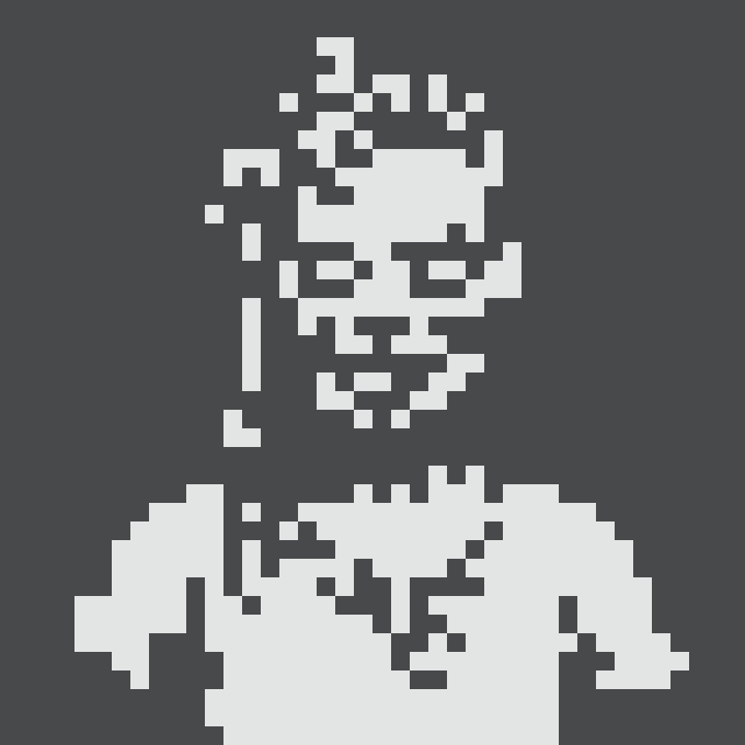 A minimalist black and white pixel art portrait of a man wearing glasses and a collared shirt on a dark background.