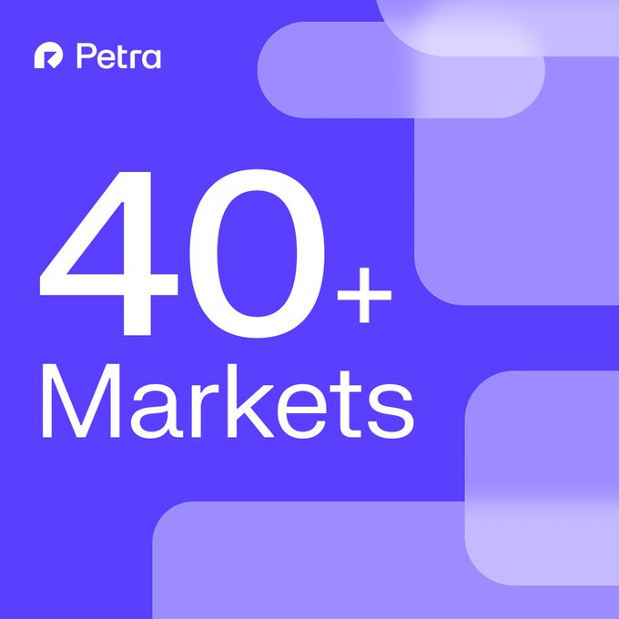 The image features a purple graphic with the Petra logo in the top left, displaying the text "40+ Markets" prominently in large white lettering, alongside abstract geometric shapes. The caption highlights Petra Wallet's expansion to 40+ markets on Decibel Trade, offering crypto, commodity perps, and more with up to 25x leverage on Aptos.