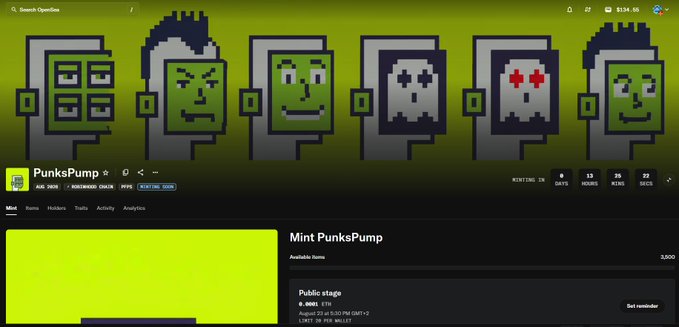 The image shows a screenshot of a token collection called "PunksPump" priced at 0.0001 ETH per mint with 13 holders and 25 NFTs, featuring pixelated green skull characters resembling CryptoPunks. The caption warns viewers about a potential scam launch, cautioning not to mint this token as the "only real one" hasn't been announced yet.
