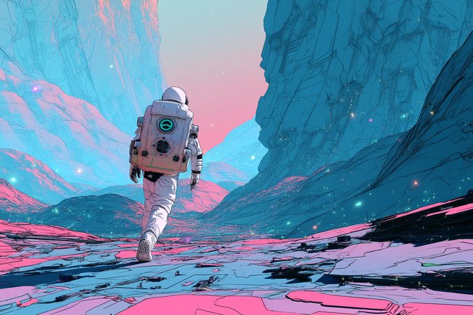 An astronaut in a spacesuit walks alone through a vast, otherworldly landscape of towering cliffs bathed in pink and teal hues, with glowing particles scattered across the alien terrain. The image evokes themes of exploration and pioneering new frontiers—mirroring the post's message about expanding governance to include all network contributors, symbolizing a journey toward a more inclusive and decentralized future.