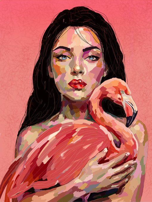 A colorful, painterly portrait of a woman with dark hair holding a pink flamingo, set against a solid pink background.