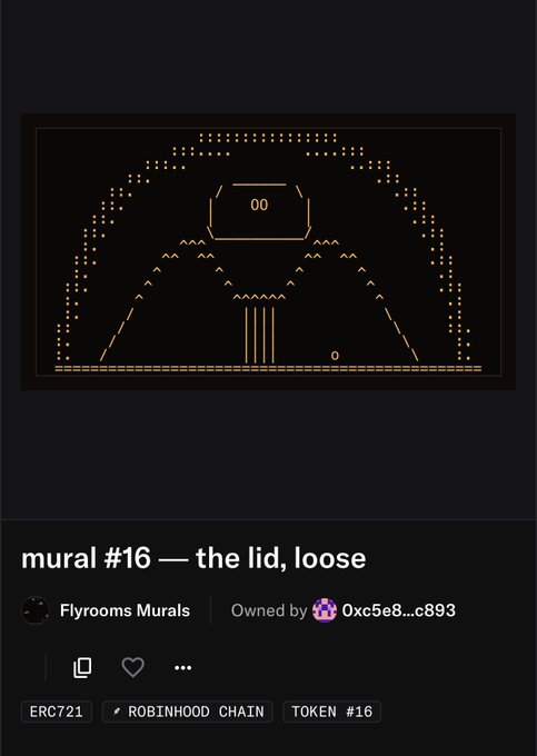 A digital art piece titled 'mural #16 — the lid, loose' from the Flyrooms Murals collection on the Robinhood Chain, displaying an orange dotted graphic with the number '00'.