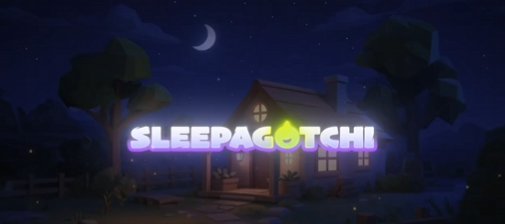 An animated night scene featuring a house with the text 'SLEEPAGOTCHI' prominently displayed.