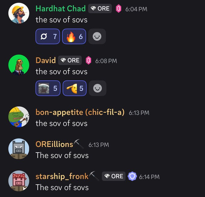 A Discord chat screenshot showing multiple users including "Hardhat Chad," "David," "bon-appetite (chic-fil-a)," "OREillions," and "starship_fronk" all sending the message "the sov of sovs" at around 6:04-6:14 PM.