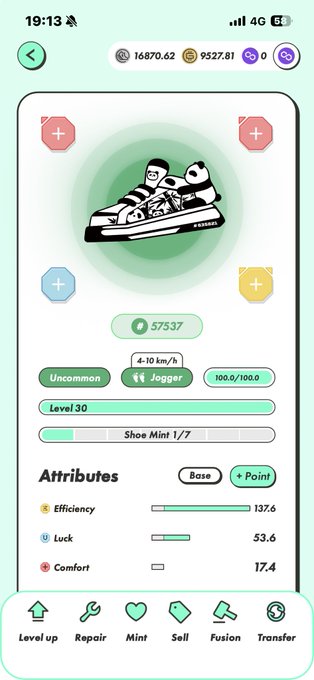 A mobile app screen showing a virtual sneaker NFT profile with stats: Jogger level 30, Efficiency 137.6, Luck 53.6, Comfort 17.4, and options to Level up, Repair, Mint, Sell, Fusion, or Transfer.