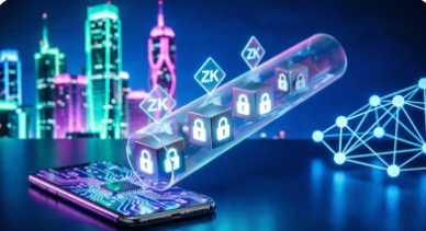 A 3D digital illustration depicting ZK-rollup technology with 'ZK' cubes and padlock icons flowing from a glowing smartphone into a tube against a neon cyberpunk cityscape background.