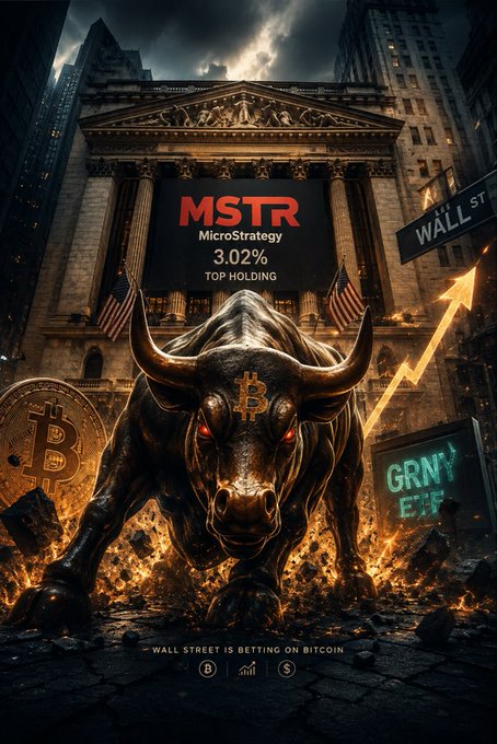 A dramatic digital illustration features a bull with glowing red eyes charging through a fiery street, set against the New York Stock Exchange building, with a screen displaying 'MSTR MicroStrategy 3.02% TOP HOLDING', alongside Bitcoin coins, an upward arrow, and the text 'WALL STREET IS BETTING ON BITCOIN'.