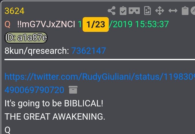 A QAnon post on 8kun/qresearch referencing a tweet by Rudy Giuliani stating 'It's going to be BIBLICAL! THE GREAT AWAKENING.'