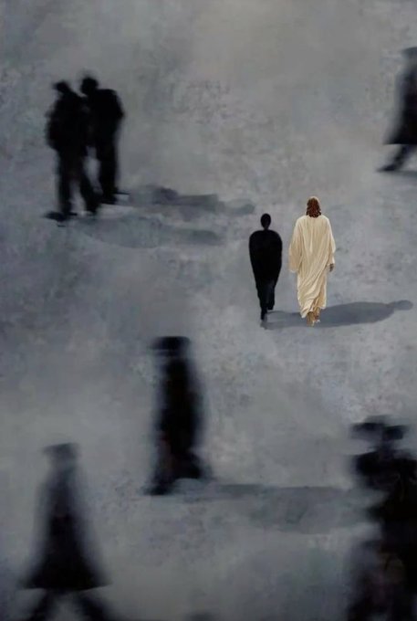 A painting depicts a figure in white robes walking alongside a dark-suited companion through a pale gray space, surrounded by the shadowy silhouettes of other people.