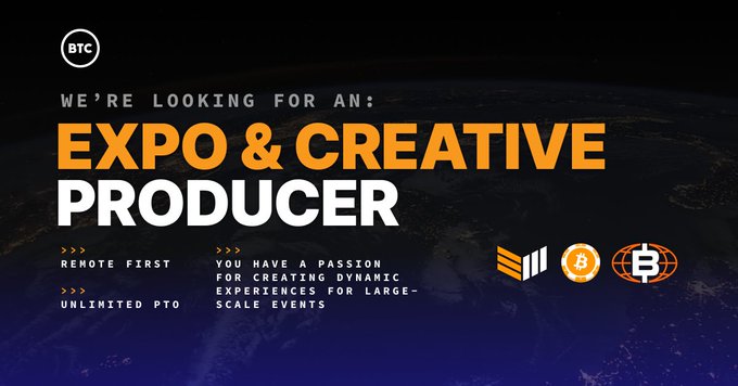 The image features a poster or banner with a black background and white text that reads "We're looking for an Associate Producer, Guest Programming to join our team at @TheBitcoinConf Apply now ats.rippling.com/btc-inc/jobs". This suggests that there is an event related to Bitcoin happening soon, and they are seeking individuals who can contribute their skills as producers or guest speakers. The poster also includes a map of the world with various Bitcoin logos, which could be used for branding purposes during the event.