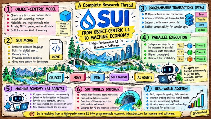 An infographic titled 'A Complete Research Thread: SUI - FROM OBJECT-CENTRIC L1 TO MACHINE ECONOMY' illustrates various features of the Sui blockchain, including its object-centric model, Move language, programmable transactions, and AI agents.