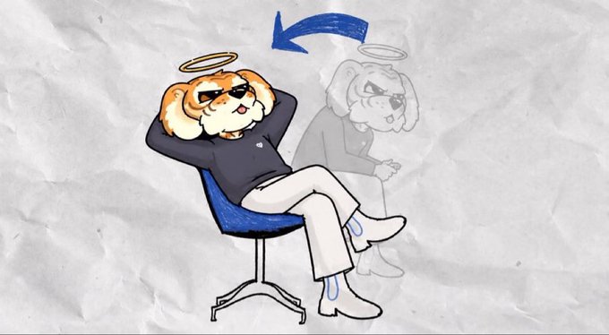 The image shows a cartoon dog with sunglasses, a halo, and a navy polo shirt lounging confidently in a chair, with a faded duplicate of itself behind it and a blue arrow indicating a transformation or highlight. The post celebrates the persona's crypto trading wins, and the relaxed, "halo-topped" dog visually conveys the smug, blessed, and successful vibe of someone claiming repeated victories for their followers.