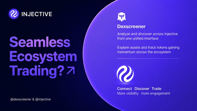 An Injective promotional graphic advertises 'Seamless Ecosystem Trading?' featuring Dexscreener, with text 'Analyze and discover across Injective from one unified interface.'