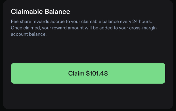 The image shows a "Claimable Balance" interface displaying a green "Claim $101.48" button, indicating fee share rewards accrued from the Phoenix platform. This aligns with the post about earning approximately $100 in rewards from maintaining a $10k ETH position over a 4-week period.